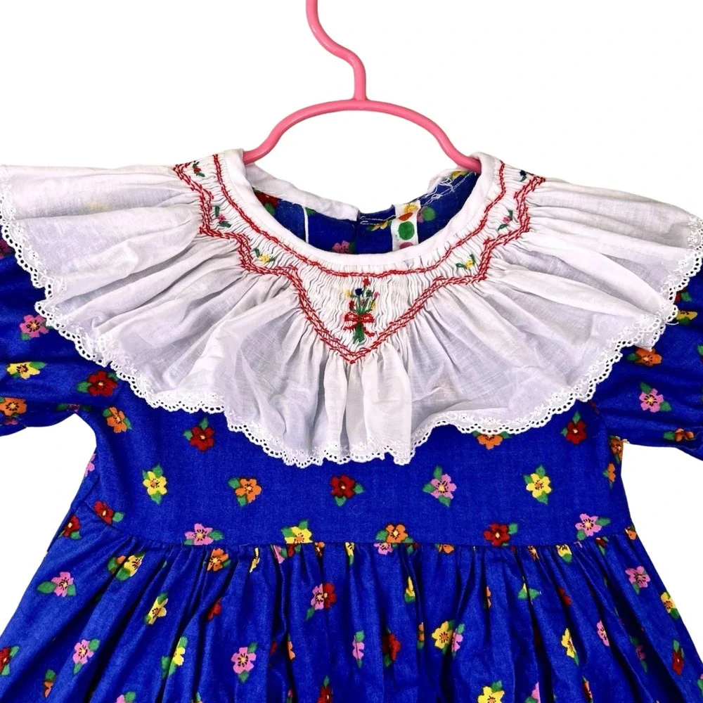 Vintage 90s Smocked Dress 4T Bright Blue Colorful Florals Puff Sleeve Full Skirt